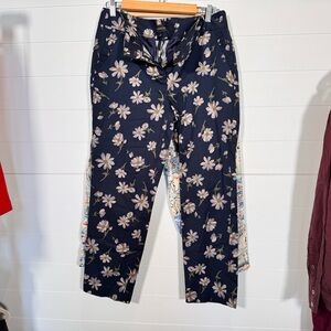 Talbots Navy Blue Floral Print Textured Stretch Cotton pants Size 10 ruffle